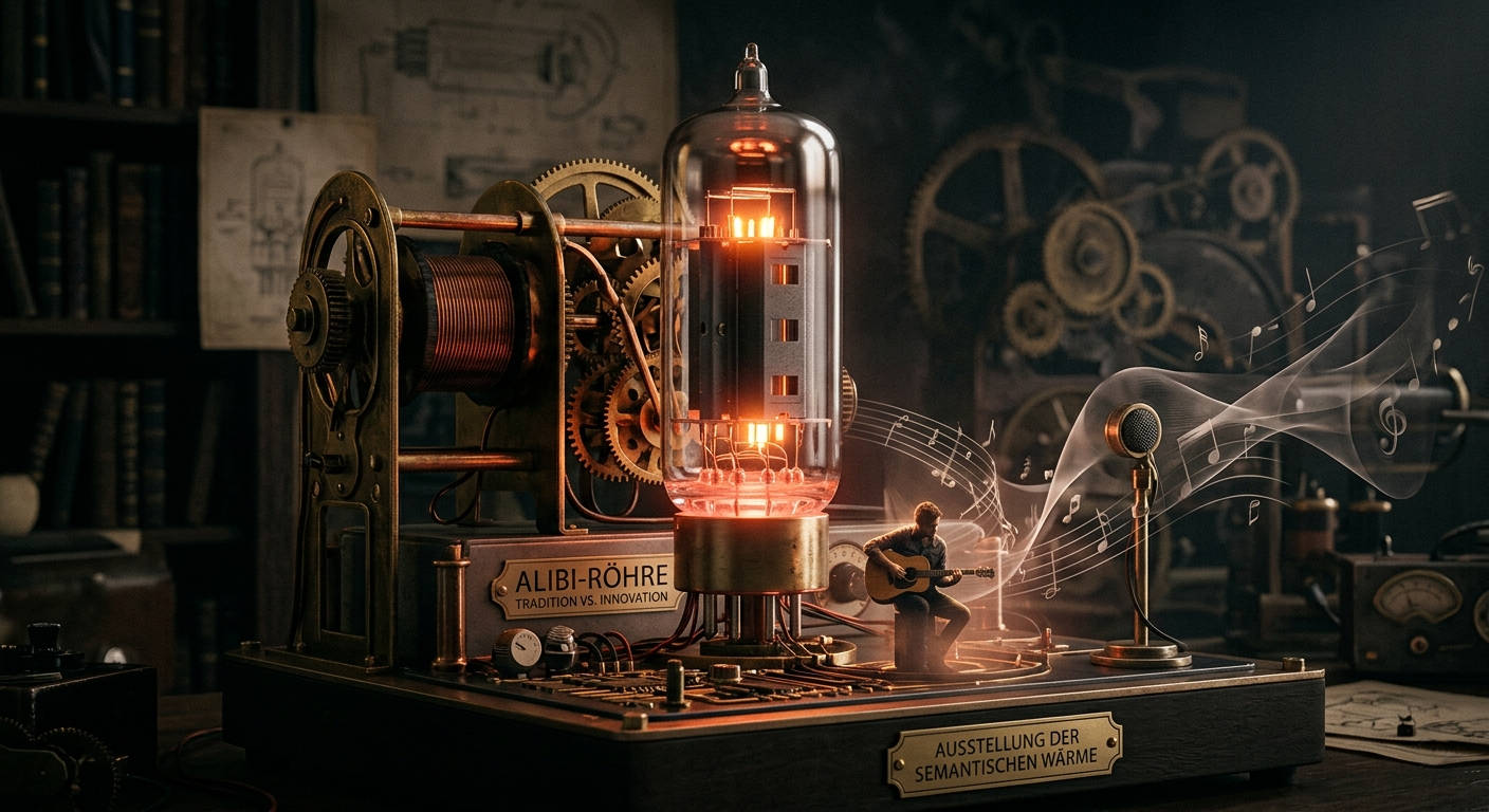 Eine beleuchtete Vakuumröhre auf einer Messingbasis mit einem kleinen Musiker, der Gitarre spielt, im Hintergrund eine steampunk-inspirierte Werkstatt.