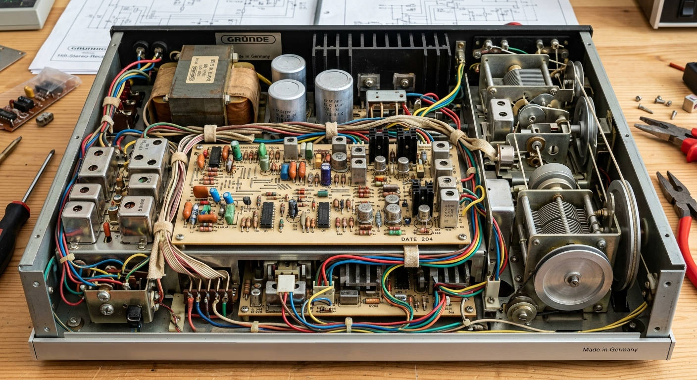 Innenaufbau eines fiktiven Hifi-Gerätes, das mit orthogonalen Platinen und exorbitantem mechanischen Aufwand beispielhaft Overengineering und übertriebene Symmetrie zeigt.