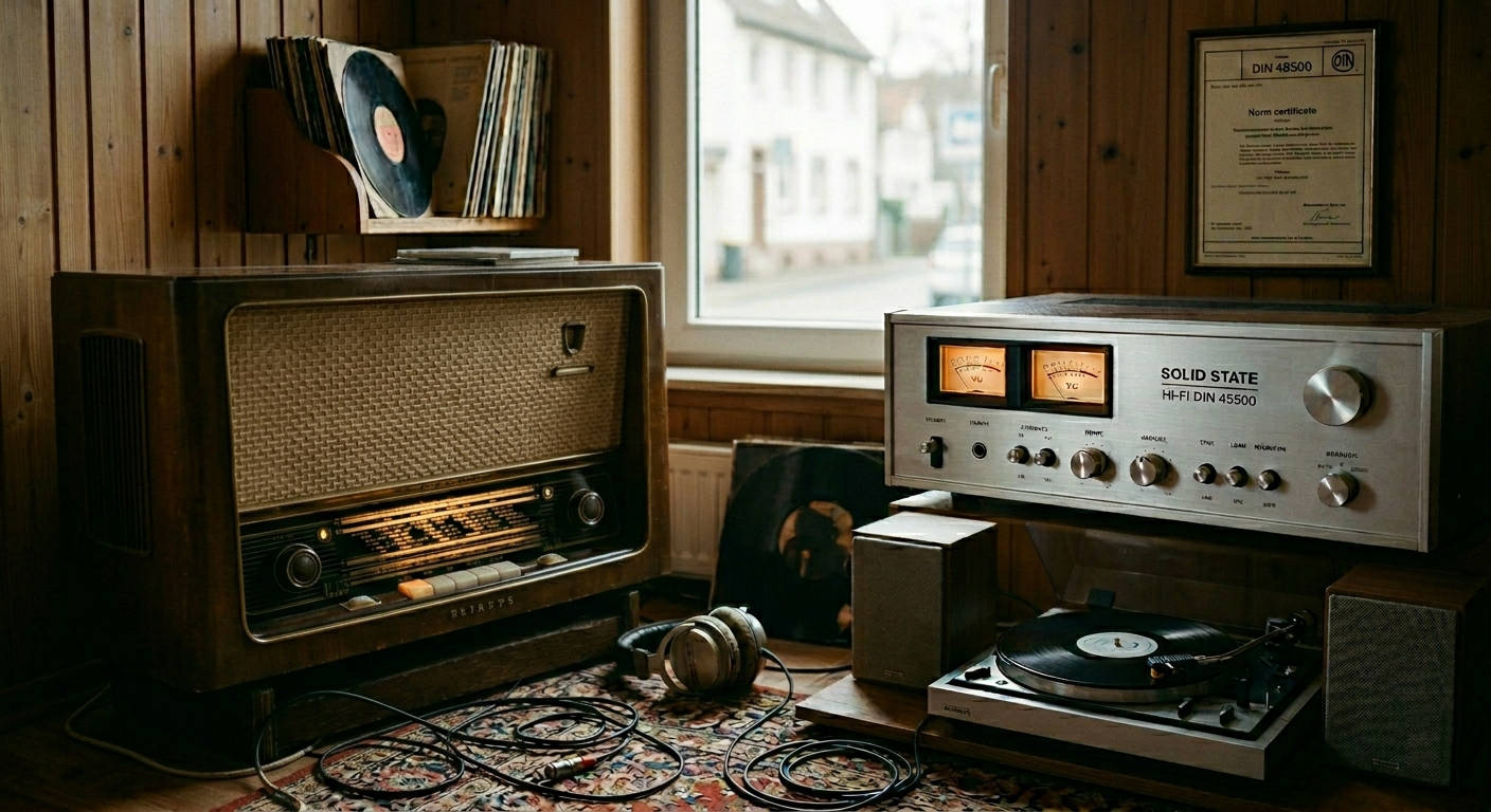Gegenüberstellung von klassischer Audiotechnik: Ein großes hölzernes Röhrenradio der Nachkriegszeit steht links neben einer modernen Solid-State-Hi-Fi-Anlage mit Transistor-Verstärker und Plattenspieler aus den 1970er Jahren nach DIN 45500.