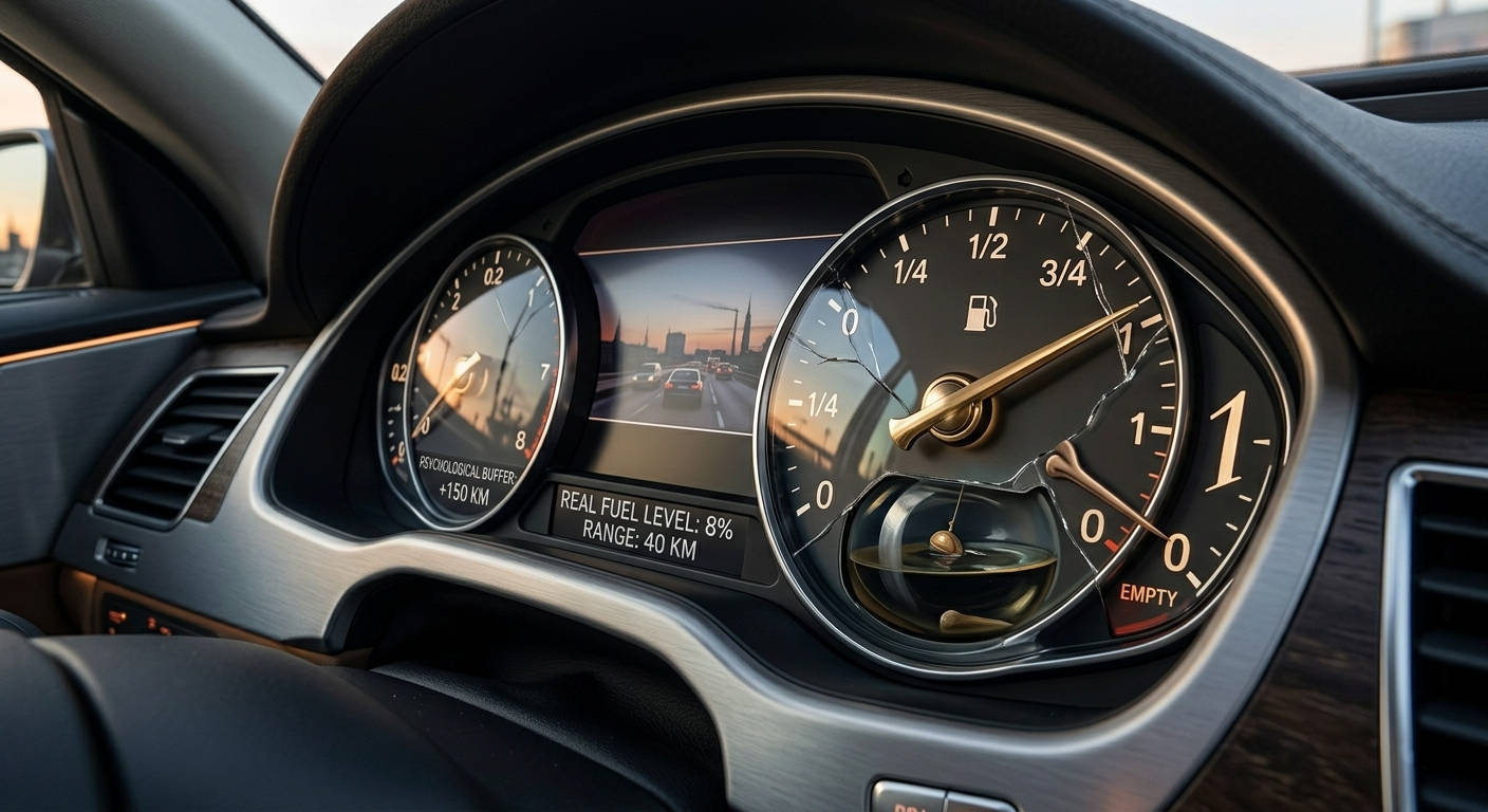 Detailaufnahme eines manipulierten Auto-Armaturenbretts: Die analoge Tankanzeige zeigt 'Voll' (1), während ein Riss im Glas den darunter liegenden, fast leeren Kraftstoffsensor enthüllt. Ein digitaler Bildschirm zeigt 'REAL FUEL LEVEL: 8%', was die Täuschung der Nadel verdeutlicht.