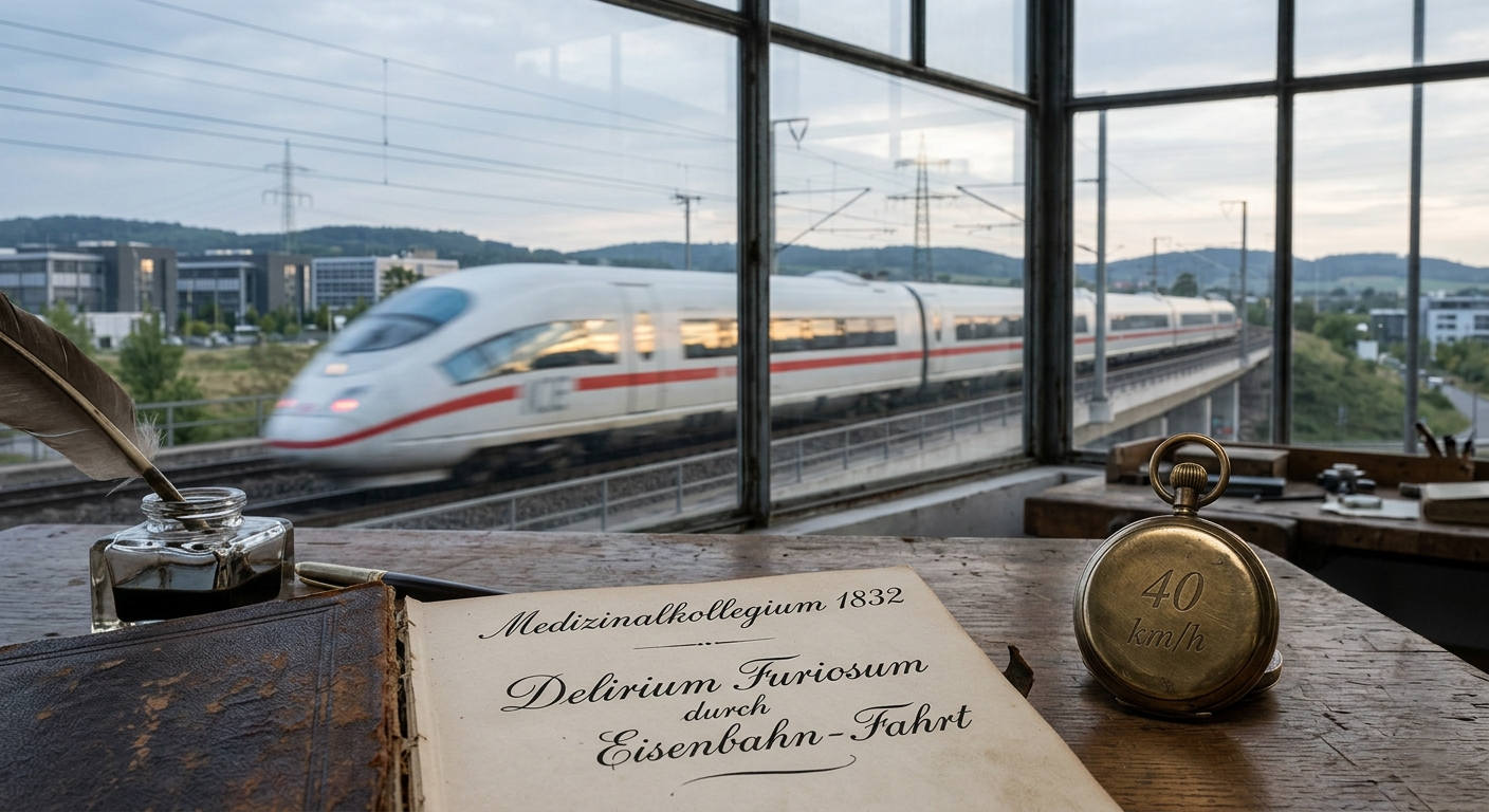  Ein historisches medizinisches Gutachten von 1832 zum Thema 'Delirium Furiosum durch Eisenbahn-Fahrt' und eine alte Taschenuhr mit der Gravur '40 km/h' liegen auf einem rustikalen Holzschreibtisch. Im Hintergrund rast ein moderner ICE-Schnellzug durch das Fenster an einem Technologiepark vorbei.