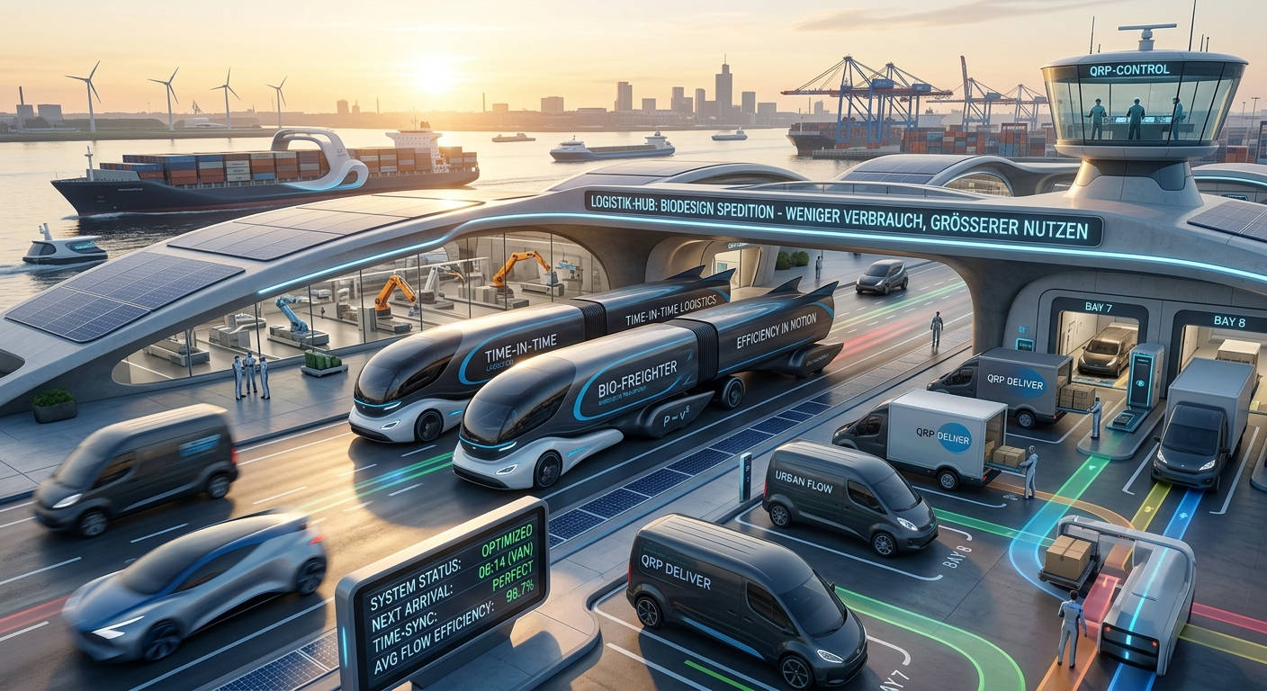Futuristischer Logistik-Hub bei Sonnenaufgang mit stromlinienförmigen LKW und Lieferwagen im Biodesign. Automated Docking Stations, Ladeportale mit Solarpanels und ein zentrales Terminal, das Effizienz und Time-in-Time-Abläufe zeigt.