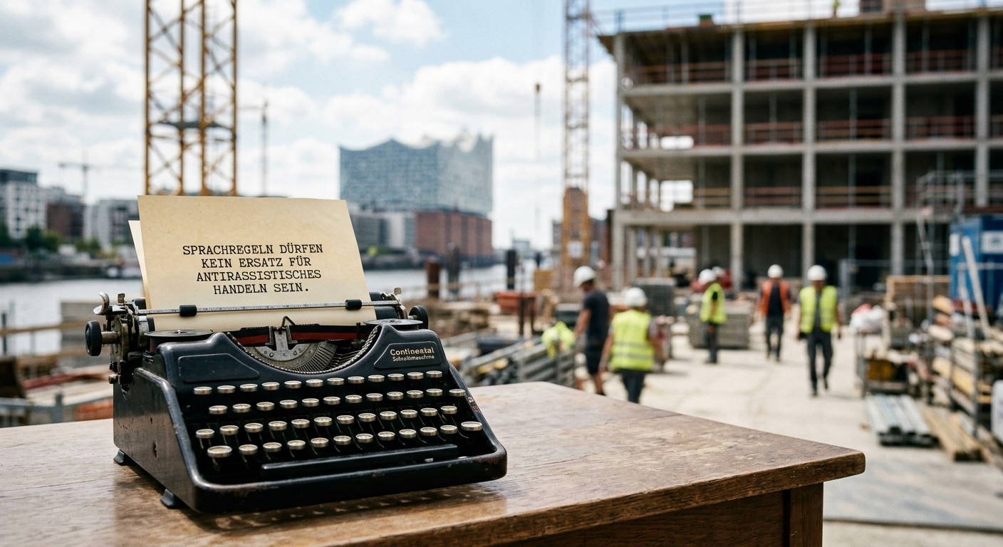  Eine klassische Schreibmaschine steht im Vordergrund, während im Hintergrund eine unscharfe Baustelle zu sehen ist. Symbol für den Kontrast zwischen symbolischer Schreibarbeit und realem gesellschaftlichem Aufbau.