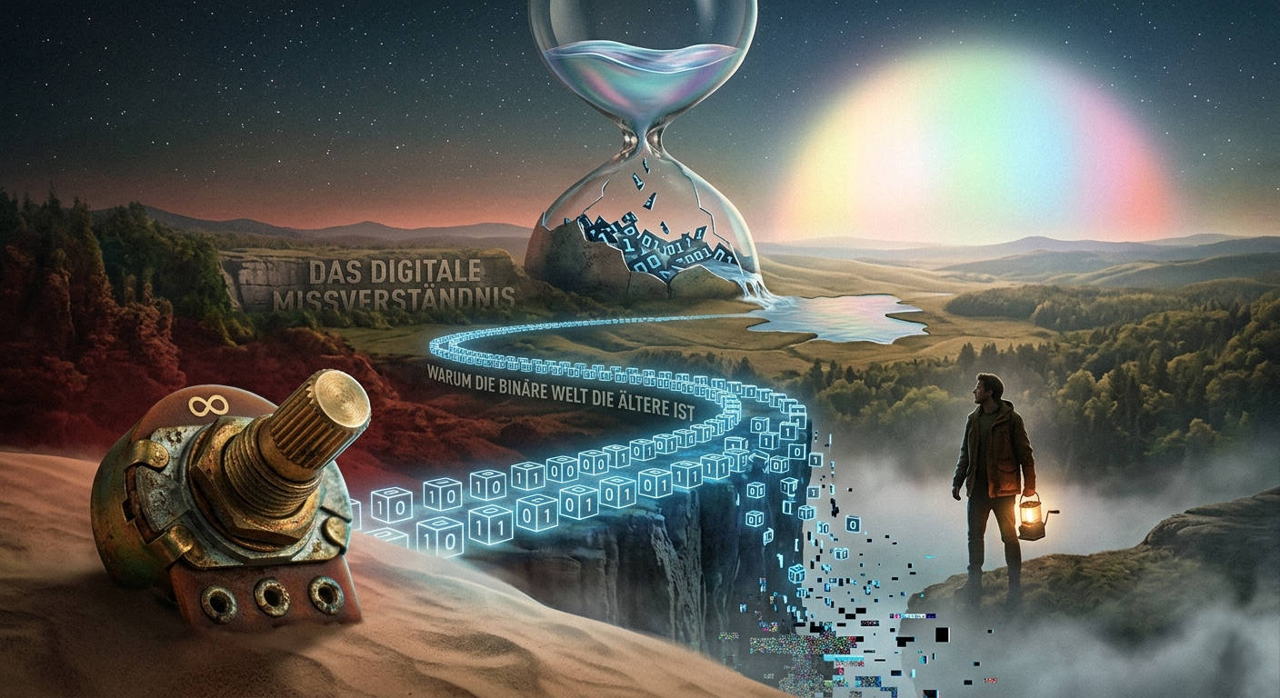 Surreale Landschaft mit einer zerbrechenden Sanduhr, aus der binäre Zahlen in einen Abgrund fließen, kontrastiert durch ein antikes Potentiometer im Vordergrund.