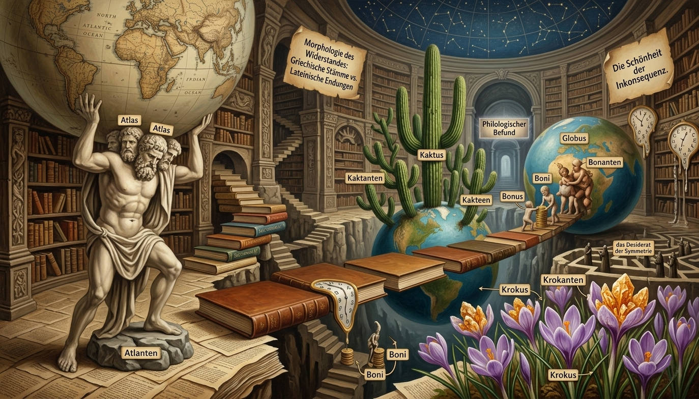 Surrealistische Bibliothekslandschaft mit Atlas-Statue, Globen mit Kakteen und Krokussen als Sinnbild für deutsche Pluralformen.