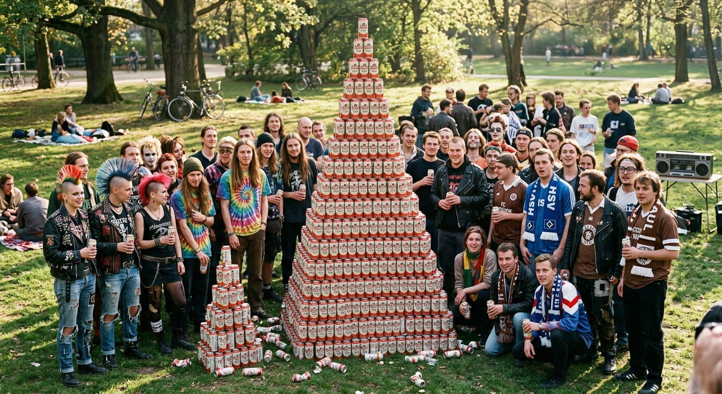 Eine große Pyramide aus Bierdosen steht im Zentrum einer fröhlichen Parkfete der 90er Jahre. Eine bunte Gruppe von Punks mit bunten Irokesenschnitten, Fußballfans in Trikots und skurrilen Typen feiert gemeinsam. Ein Mann in einem St. Pauli Trikot sitzt auf den Schultern eines anderen und greift nach einer Dose. Frauen und Männer sind gleichermaßen vertreten und trinken aus Dosen.