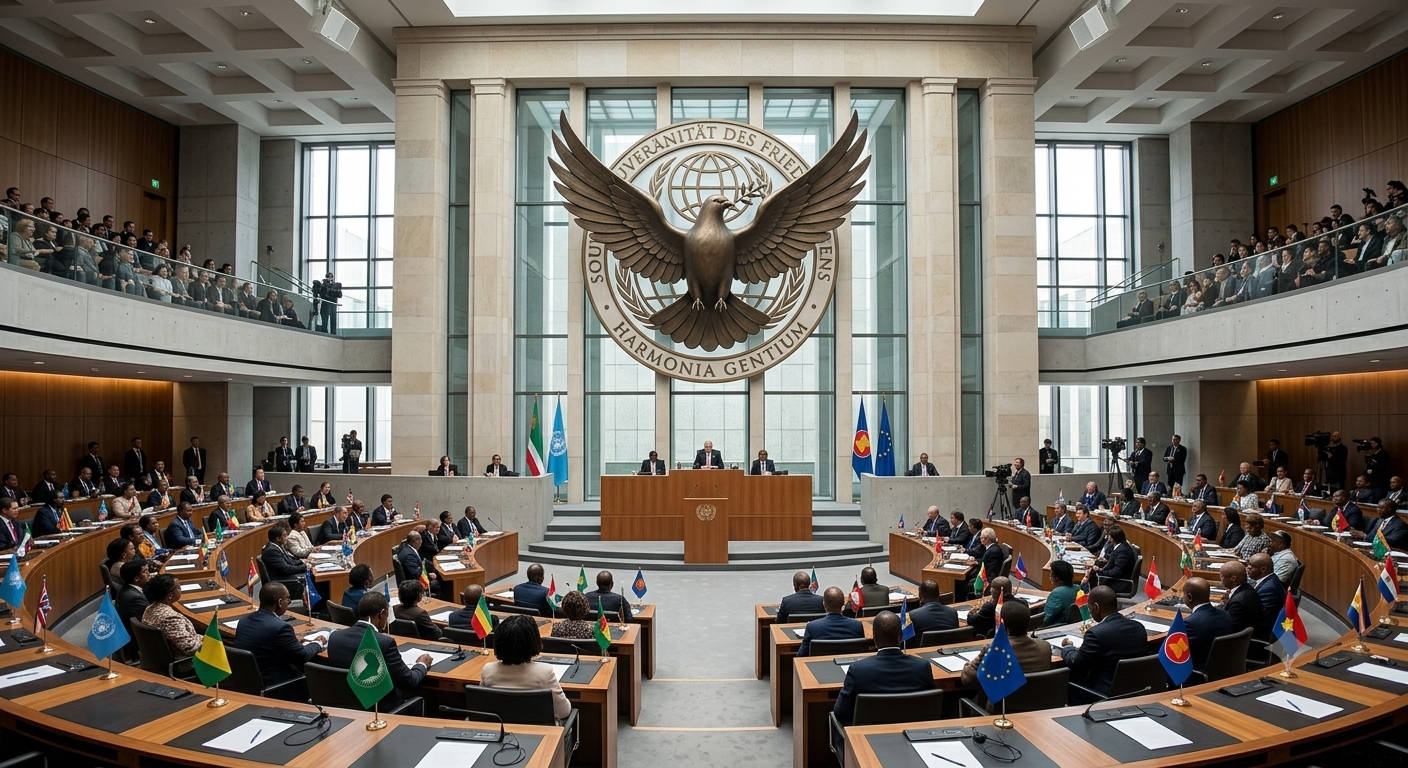 Monumentaler Plenarsaal einer Weltorganisation mit Delegierten und einer riesigen, stolzen Taubenskulptur an der Stirnwand.