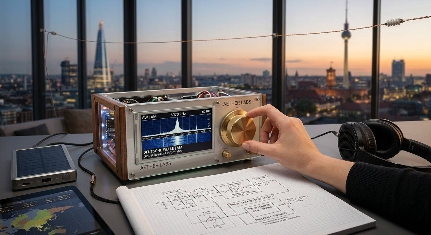 Ein moderner, offener Röhren- und Digitalradio-Empfänger von 'Aether Labs' auf einem Schreibtisch vor einer nächtlichen Skyline (London und Berlin). Ein Nutzer bedient den Messing-Tuning-Knopf, das Display zeigt 