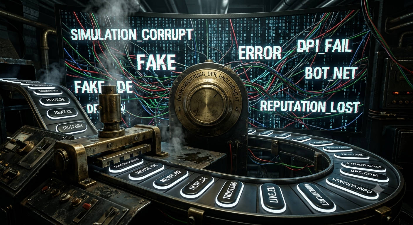 Eine düstere, industrielle Maschine, die automatisiert glänzende, schwarze ovale Knöpfe mit seriösen deutschen Nachrichten-URLs produziert.