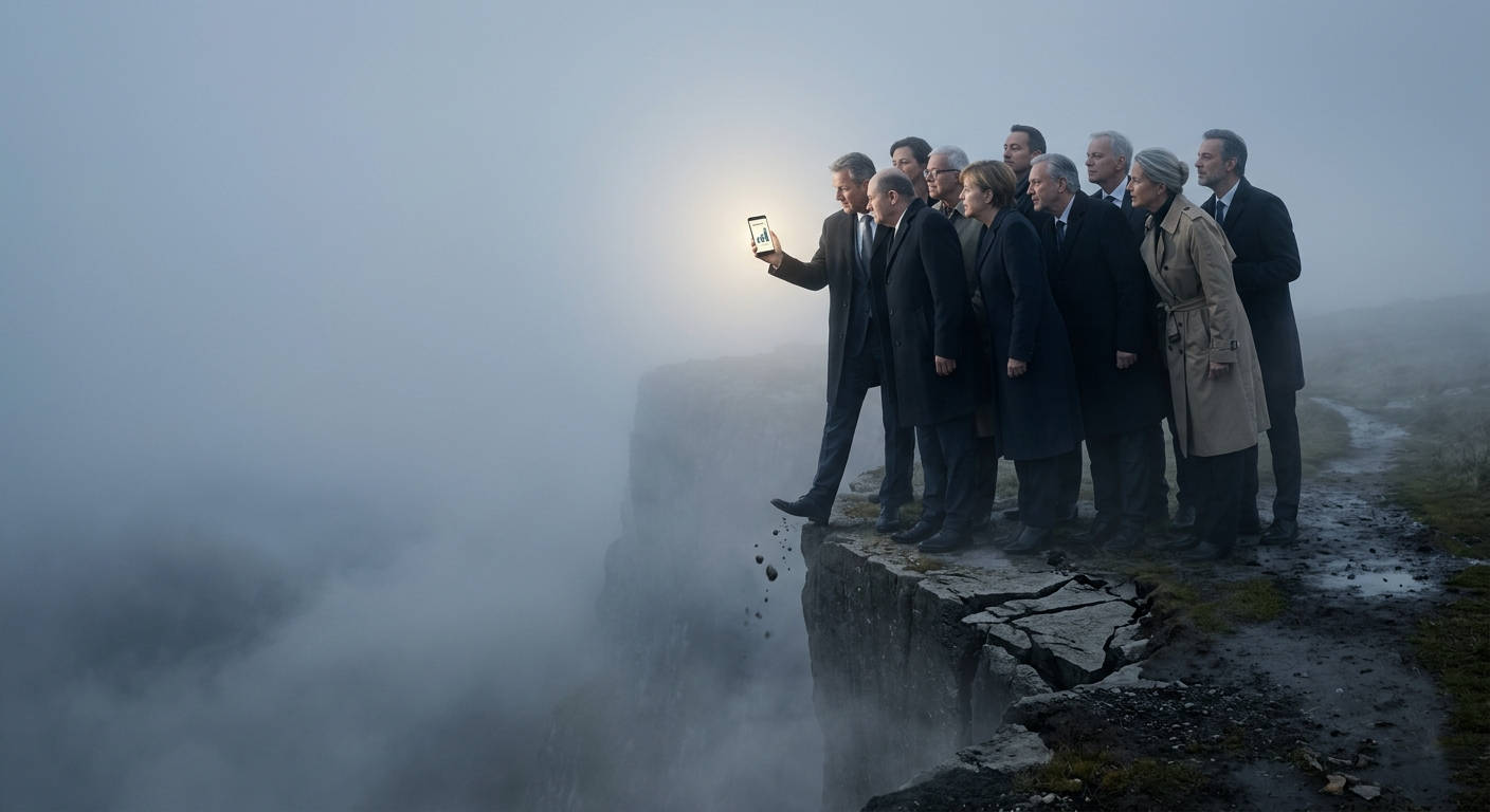 Eine Gruppe von Politikern im Nebel, die alle auf ein kleines, leuchtendes Smartphone mit einem steigenden Graphen starren, während sie direkt auf einen Abgrund zulaufen.
